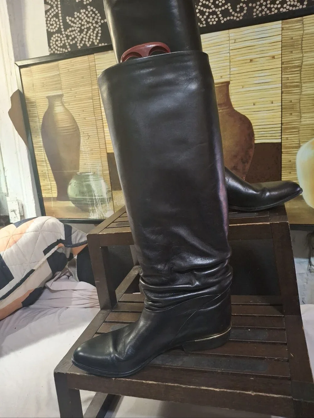 Women's Over-the-Knee Black Leather Boots with Low Heel